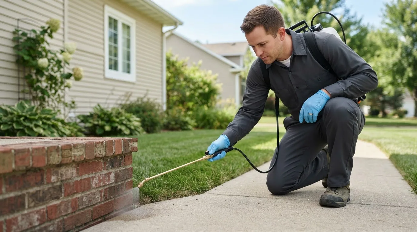 Pest control technician treating a home near Chesaning, MI
