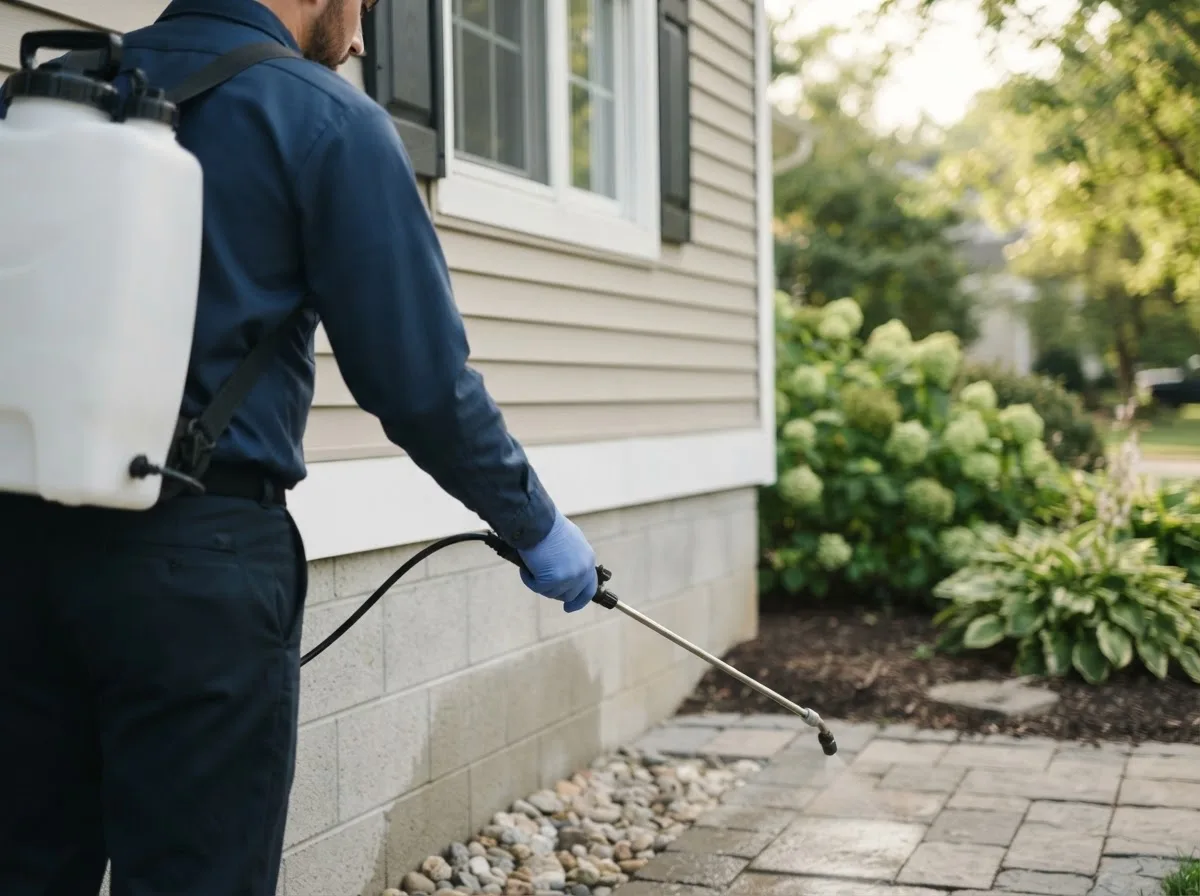Pest control technician inspecting a home in Chesaning, MI